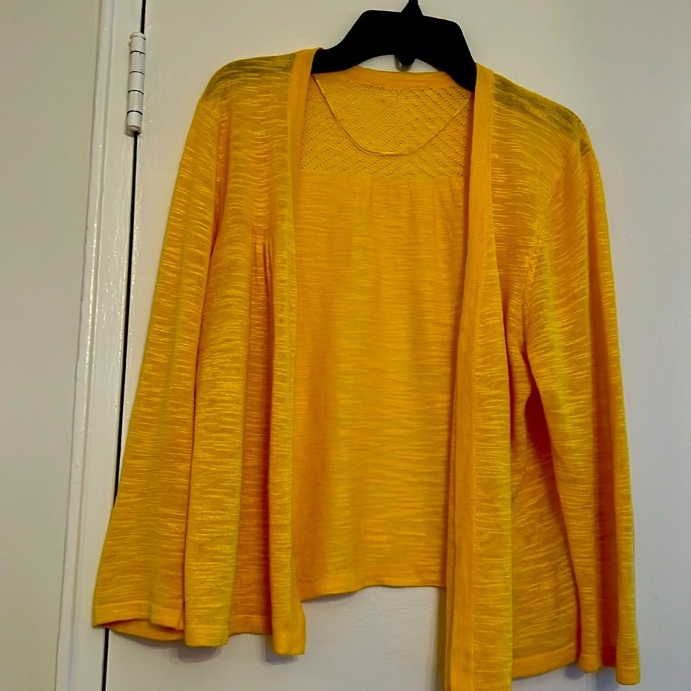 3 summer open front cardigans: yellow, chocolate brown, magenta.  All 3/4 sleeve